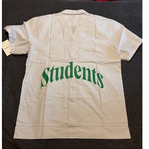 STUDENTS Button Up Shirt Mens Small Short Sleeve Green Text Patterned